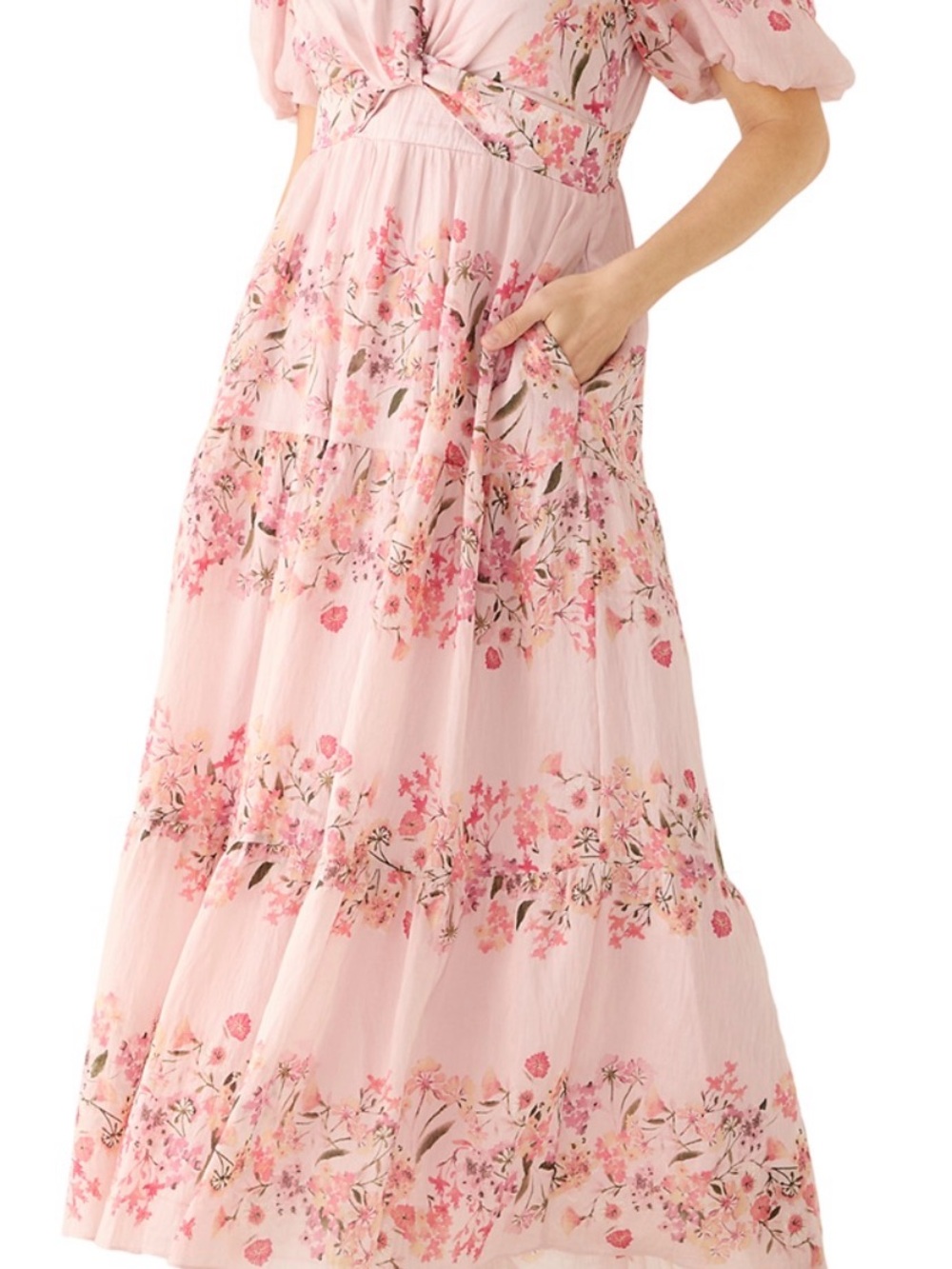 Taylor Pink Floral Puff Sleeve Twist V-Neck Midi Dress Pockets Womens 6